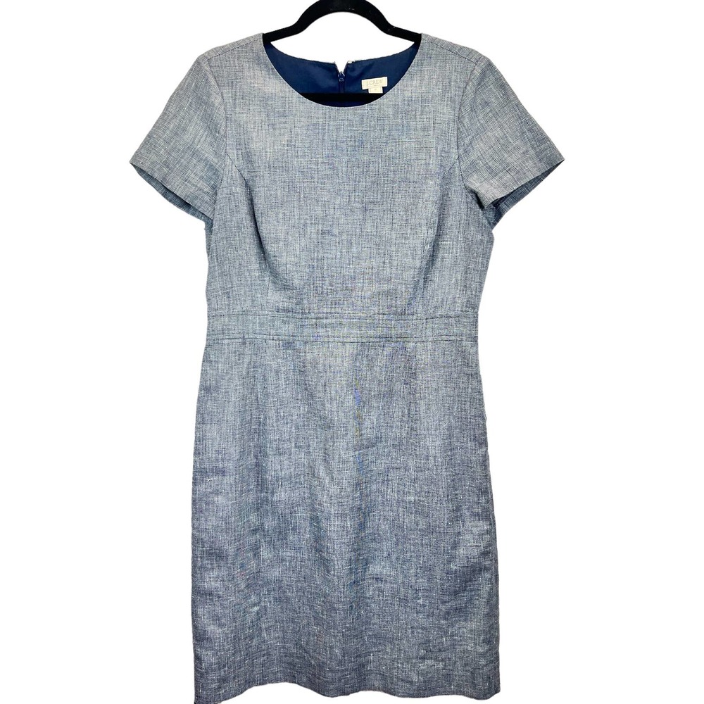 J.Crew Factory Linen Blend Dobby Dress Blue Short Sleeve Sheath Minimalist  10